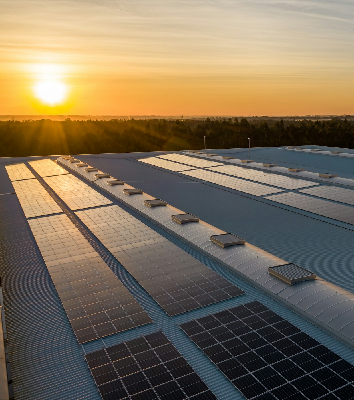 Rooftop solar array on a commercial building at sunset