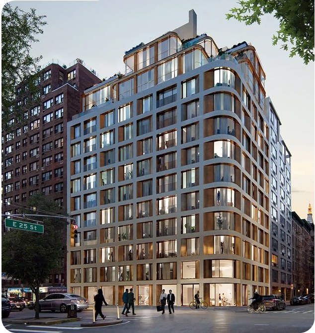 Mixed-use residential tower at dusk